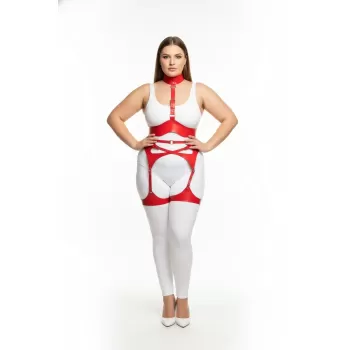 Büyük Beden Kırmızı Kadın Deri Jartiyerli Fantezi Harness Takım - APFT1196