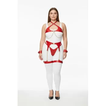 Büyük Beden Kırmızı Kadın Deri Harness Takım Zincir Detaylı Jartiyerli - APFT1219
