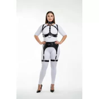 Büyük Beden Siyah Kadın Full Body Deri Harness Takım Jartiyer Detaylı Özel Tasarım - APFT1231