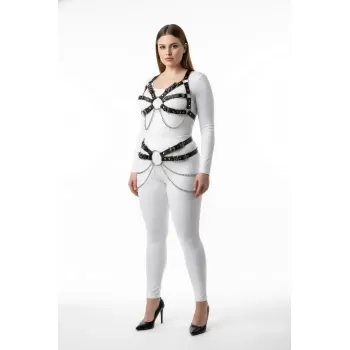 Büyük Beden Siyah Kadın Harness Takım Zincir ve Halka Detaylı Fantezi Aksesuarı - APFT1260