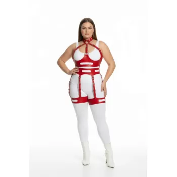 Büyük Beden Kırmızı Kadın Harness Takım Seksi Fantezi Deri Jartiyer Detaylı - APFT1302