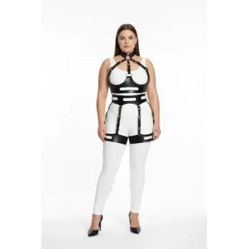 Büyük Beden Siyah Kadın Deri Harness Takım Halka Detaylı Vücut Aksesuarı - APFT1302