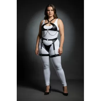 Büyük Beden Siyah Kadın Harness Takım Zincir Detaylı Jartiyerli Vücut Aksesuarı - APFT1330