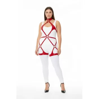 Büyük Beden Kırmızı Kadın Deri Harness Takım Halka Detaylı Fantezi Vücut Aksesuarı - APFT1331