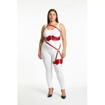 Büyük Beden Kırmızı Kadın Deri Harness Takım Jartiyer Detaylı Fantazi Aksesuar - APFT1372