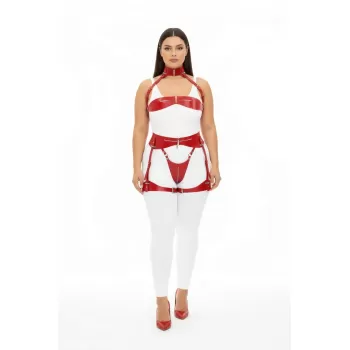 Büyük Beden Kırmızı Kadın Deri Harness Takım Jartiyerli Fantazi Aksesuar - APFT1373