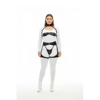 Büyük Beden Siyah Kadın Deri Harness Takım Jartiyerli Fantezi Vücut Aksesuarı - APFT1373