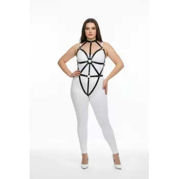 Büyük Beden Siyah Kadın Harness Takım Vücudu Saran Halka Detaylı Deri - APFT243