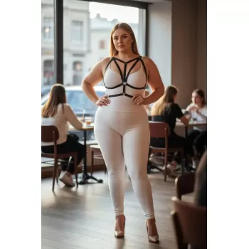 Büyük Beden Siyah Kadın Lastik Harness Halka Detaylı Şık Vücut Aksesuarı - APFT163