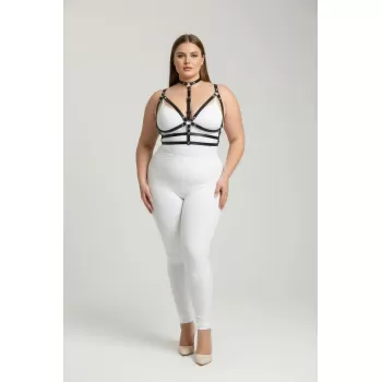 Büyük Beden Siyah Kadın Deri Harness Takım Boyunluklu Halka Detaylı - APFT235