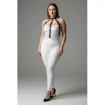 Büyük Beden Siyah Kadın Zincir Detaylı Deri Harness Takım Fantezi Aksesuar - APFT304