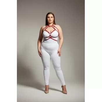 Büyük Beden Kırmızı Kadın Deri Harness Takım Halka Detaylı Göğüs Aksesuarı - APFT330