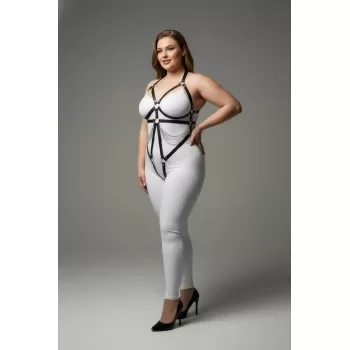 Büyük Beden Siyah Kadın Deri Harness Takım Zincir ve Halka Detaylı Fantezi Aksesuar - APFT441