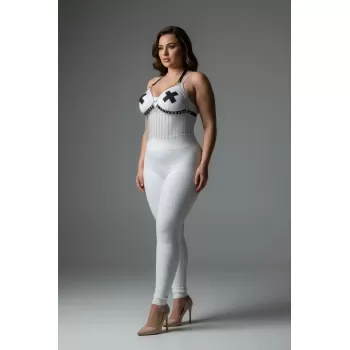 Büyük Beden Beyaz Kadın Harness Takım Zincir Detaylı Deri Fantezi Aksesuar - APFT477