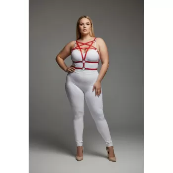 Büyük Beden Kırmızı Kadın Deri Harness Takım Halka Detaylı Fantezi Aksesuar - APFT821