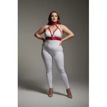 Büyük Beden Kırmızı Kadın Harness Takım Fantezi Deri Yaka Detaylı Vücut Aksesuarı - APFT841