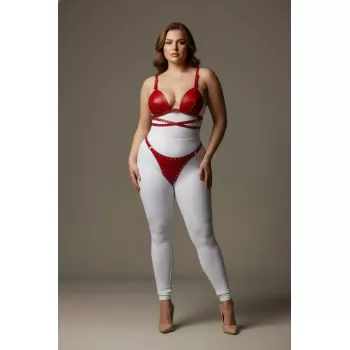 Büyük Beden Kırmızı Kadın Harness Takım Seksi Deri Zımba Detaylı - APFT849