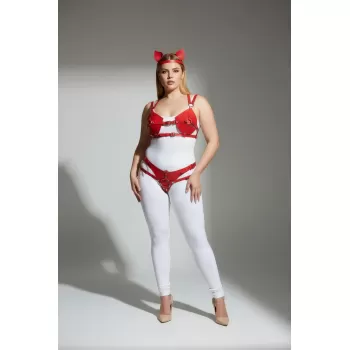 Büyük Beden Kırmızı Kadın Harness Takım Kedi Kulaklı Deri Fantazi Aksesuar - APFT871