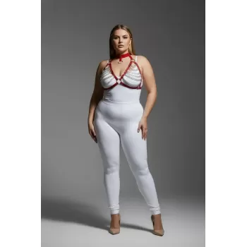 Büyük Beden Kırmızı Kadın Harness Takım Zincir Detaylı Fantezi Choker Yaka - APFT945