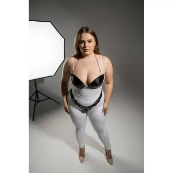 Büyük Beden Siyah Kadın Deri Harness Takım Zincir Detaylı Fantazi Aksesuar - APFT1223
