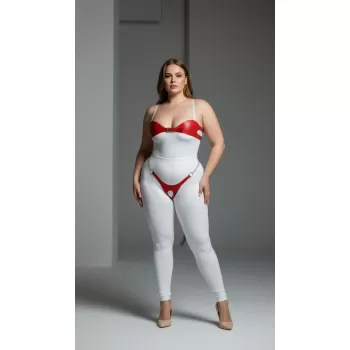 Büyük Beden Kırmızı Kadın Deri Zincir Detaylı Fantezi Harness Takım - APFT1234