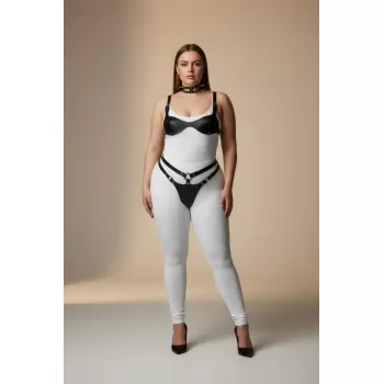 Büyük Beden Siyah Kadın Deri Harness Takım Tasma ve Halka Detaylı Fantezi Aksesuar - APFT1298