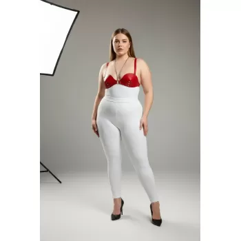 Büyük Beden Kırmızı Kadın Deri Harness Takım Zincir ve Zımba Detaylı Fantazi Sütyen Aksesuarı - APFT1380