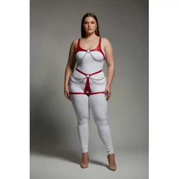 Büyük Beden Kırmızı Kadın Deri Harness Takım Zincir Detaylı Vücut Aksesuarı - APFT1384