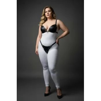 Büyük Beden Siyah Kadın Harness Takım Deri Görünümlü Halka Detaylı Fantezi Aksesuar - APFT1391