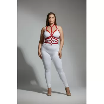 Büyük Beden Kırmızı Kadın Harness Takım Tam Vücut Ayarlanabilir Deri Aksesuarı - APFT24