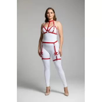 Büyük Beden Kırmızı Kadın Deri Görünümlü Fiyonk Detaylı Jartiyer Harness Takım - APFT310