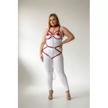 Büyük Beden Kırmızı Kadın Jartiyer Harness Zincir Detaylı Deri Tam Vücut Aksesuarı - APFT311