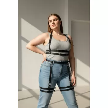 Büyük Beden Siyah Kadın Deri Jartiyer Harness Alt Üst Vücut Aksesuarı - APFT537