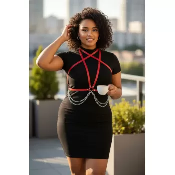 Büyük Beden Kırmızı Kadın Kemer Zincir Detaylı Deri Vücut Aksesuarı - APFT52