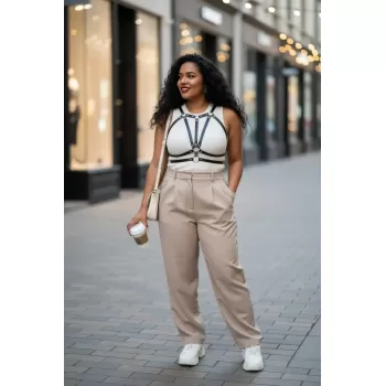 Büyük Beden Siyah Kadın Deri Kemer Vücut Harness Kombin Aksesuarı - APFT114