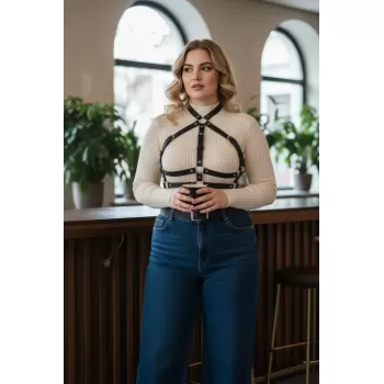 Büyük Beden Siyah Kadın Kemer Ayarlanabilir Deri Harness Vücut Aksesuarı - APFT218