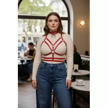 Büyük Beden Kırmızı Kadın Deri Harness Kemer, Elbise Üstü Kombin Tamamlayıcı - APFT296