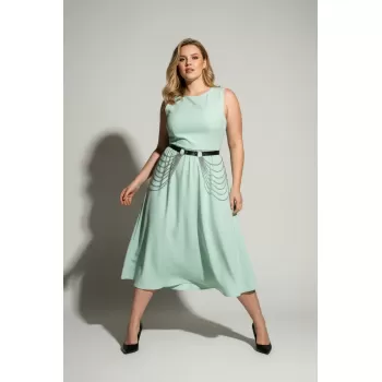 Büyük Beden Siyah Kadın Deri Kemer Zincir Detaylı Elbise Üstü - APFT391