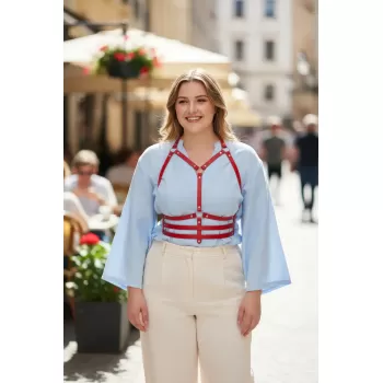 Büyük Beden Kırmızı Kadın Kemer Korse Detaylı Deri Harness Aksesuarı - APFT543