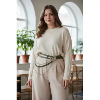 Büyük Beden Haki Kadın Kemer Zincir Detaylı Çoklu Kayışlı Deri Görünüm - APFT586