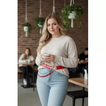 Büyük Beden Kırmızı Kadın Kemer Zincir Detaylı Deri Bel Aksesuarı - APFT586