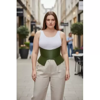 Büyük Beden Haki Kadın Kemer Korse Stili Kalın Deri Tasarım - APFT611