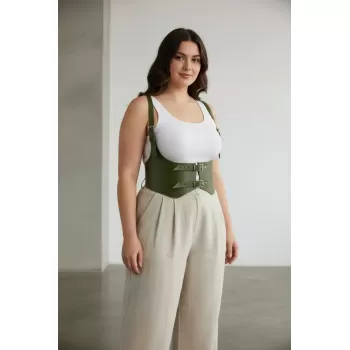 Büyük Beden Haki Kadın Kemer Korse Stil Omuz Askılı Çift Tokalı - APFT612