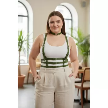 Büyük Beden Haki Kadın Deri Kemer Çoklu Tokalı Harness Vücut Aksesuarı - APFT615