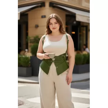Büyük Beden Haki Kadın Kemer Omuz Askılı Korse Tarzı Bel Şekillendirici - APFT616