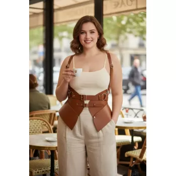 Büyük Beden Taba Kadın Kemer Omuz Askılı Korse Tasarım - APFT616