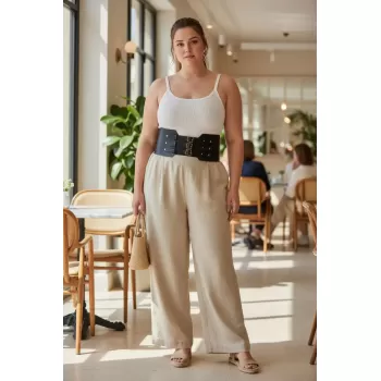 Büyük Beden Siyah Kadın Kemer Geniş Korse Tarzı Üç Tokalı - APFT618