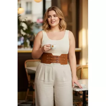 Büyük Beden Taba Kadın Kemer Üç Tokalı Geniş Korse Bel Vurgulayıcı - APFT618