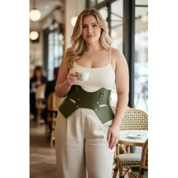 Büyük Beden Haki Kadın Kemer Korse Görünümlü Kalın Deri - APFT619