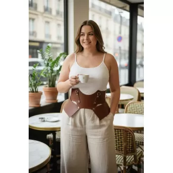 Büyük Beden Taba Kadın Kemer Geniş Korse Stil Deri Kombin Tamamlayıcı - APFT619